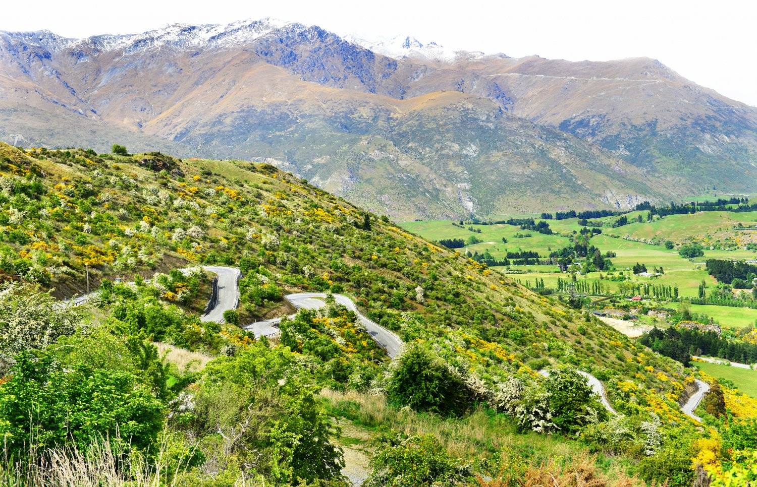 view of road in front of Crown Range in New Zealand