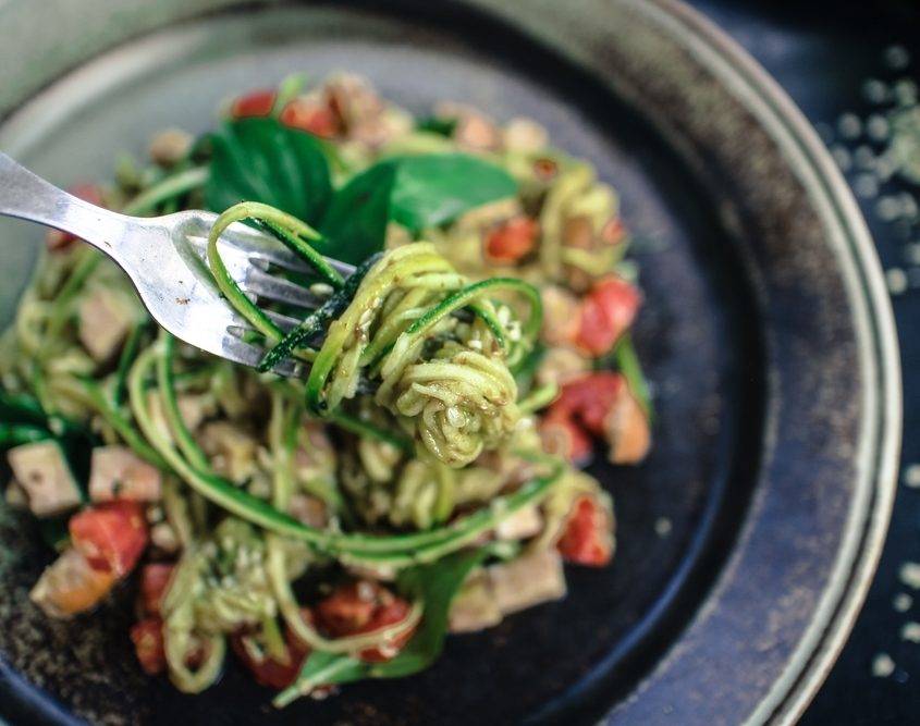Chef Simon Vine makes rutabaga spaghetti with tempeh-almond ‘meatballs’ and a tomato-cashew rosee sauce at Mountain Trek